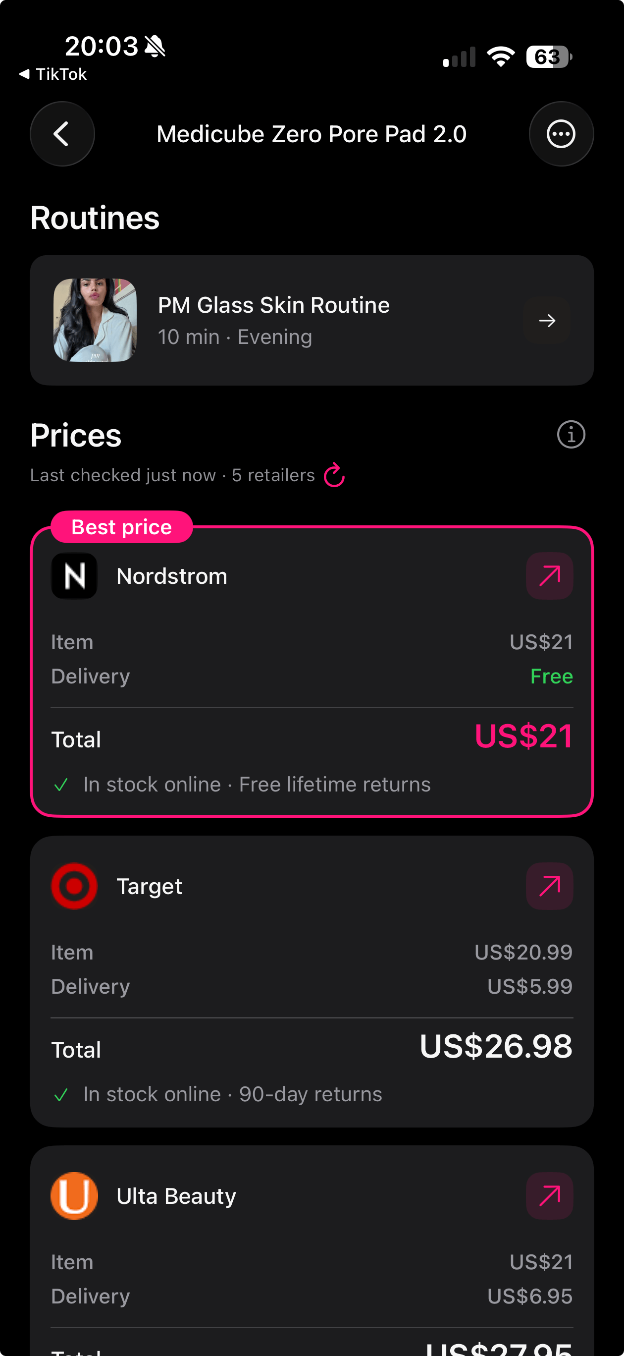 Steals price drop alert for a tracked beauty product